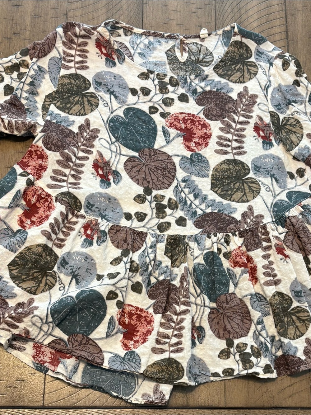 Floral Peplum Top in Cream with Multicolor Leaf Print